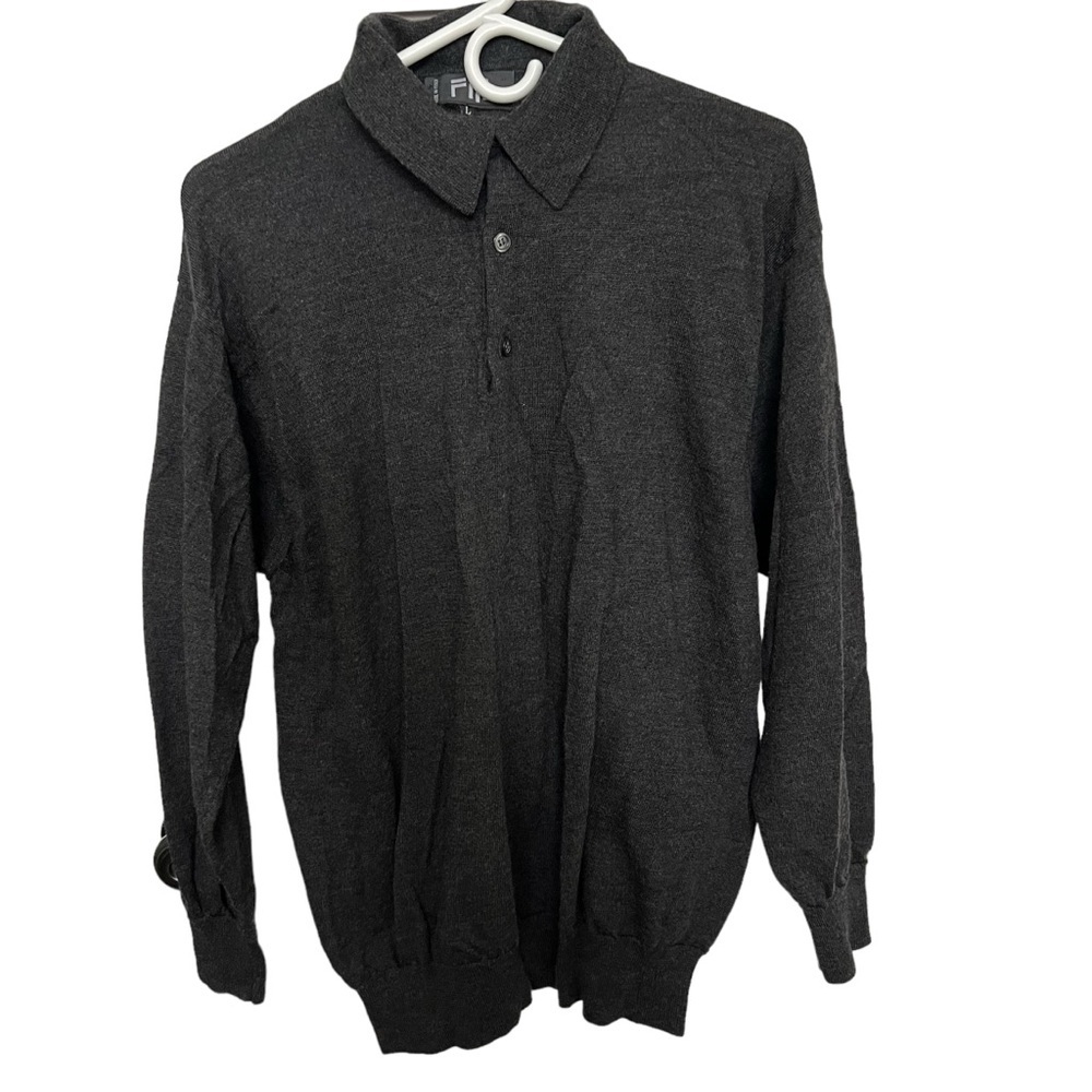 Fiji Men's Collared Button Wool Pullover Sweater‎ Long Sleeve Gray Large Flawed